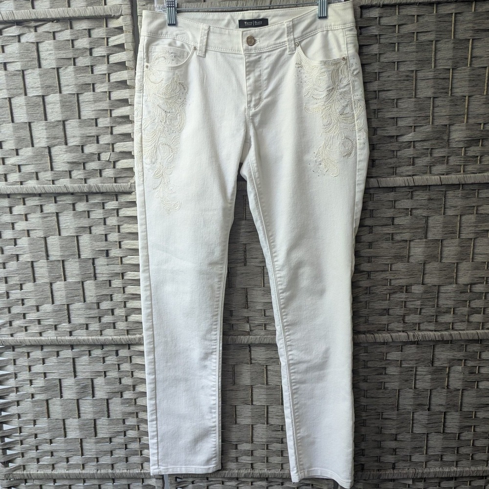 WHBM Slim Leg Jeans White Embroidered Rhinestone Sz 4R Boho Glam Western Bling